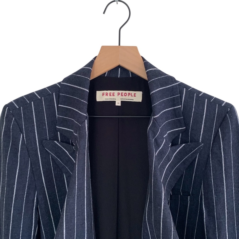 Free People Blue Pinstripe Linen Blend Double Breasted “Ashby” Blazer - Picture 7 of 11